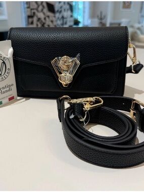 Valentino Orlandi Handbag with crossbody. Black w gold Vegan Leather Purse. NWT